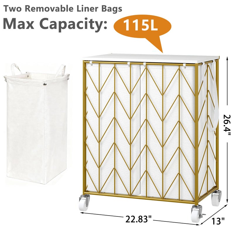 WOWLIVE Laundry Basket with Wheels, Heavy Duty Laundry Hamper with Wood Lid, Clothes Hamper with Divided Removable Liner Bag, Large Capacity Iron-Made Laundry Sorter Laundry Room Organization (Golden) - Image 3
