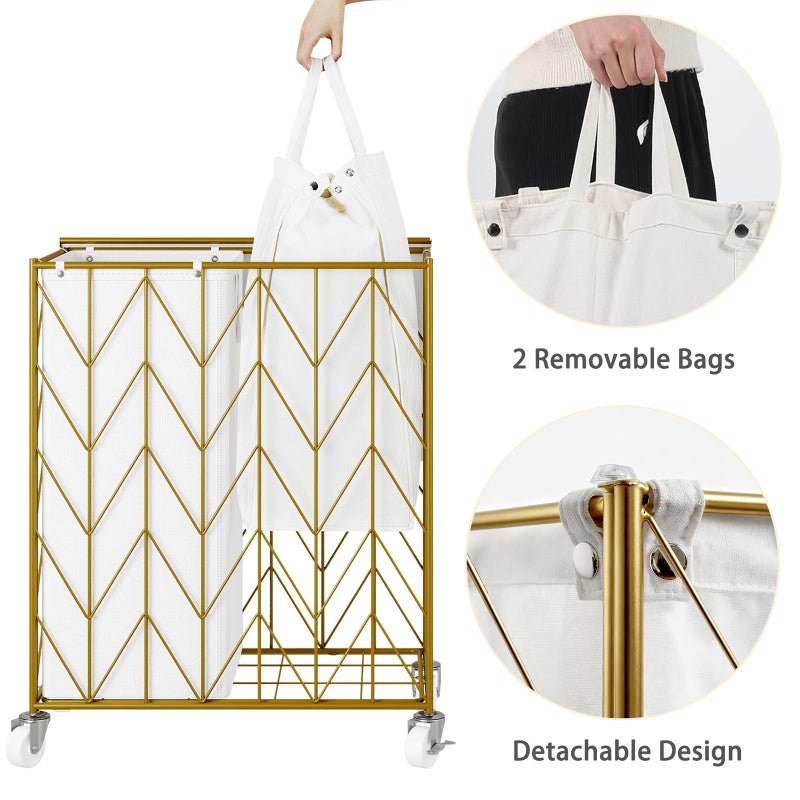 WOWLIVE Laundry Basket with Wheels, Heavy Duty Laundry Hamper with Wood Lid, Clothes Hamper with Divided Removable Liner Bag, Large Capacity Iron-Made Laundry Sorter Laundry Room Organization (Golden) - Image 5