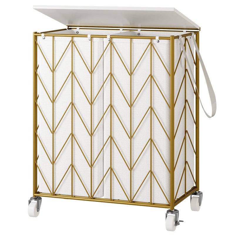 WOWLIVE Laundry Basket with Wheels, Heavy Duty Laundry Hamper with Wood Lid, Clothes Hamper with Divided Removable Liner Bag, Large Capacity Iron-Made Laundry Sorter Laundry Room Organization (Golden) - Image 1