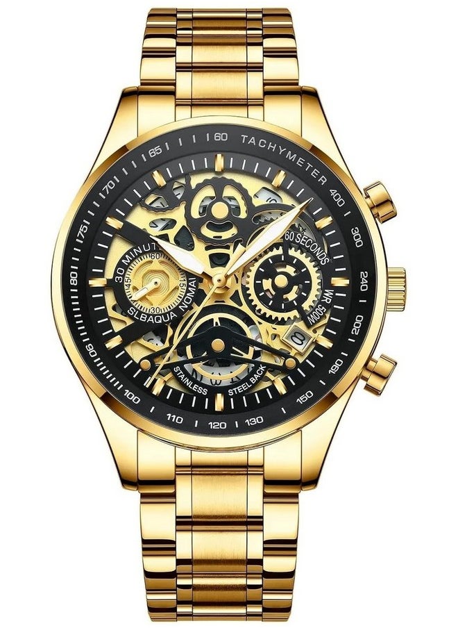 NIBOSI Casual Hollow-Out Mechanical Design Men's Stainless Steel Watch Multi Functional Chronograph Quartz Watch for Mens (Black/Gold) - pzsku/Z4D0BCB7B14ACDB018FCAZ/45/_/1737721189/afb39e5b-dcfe-4c08-a59d-fe0544373024