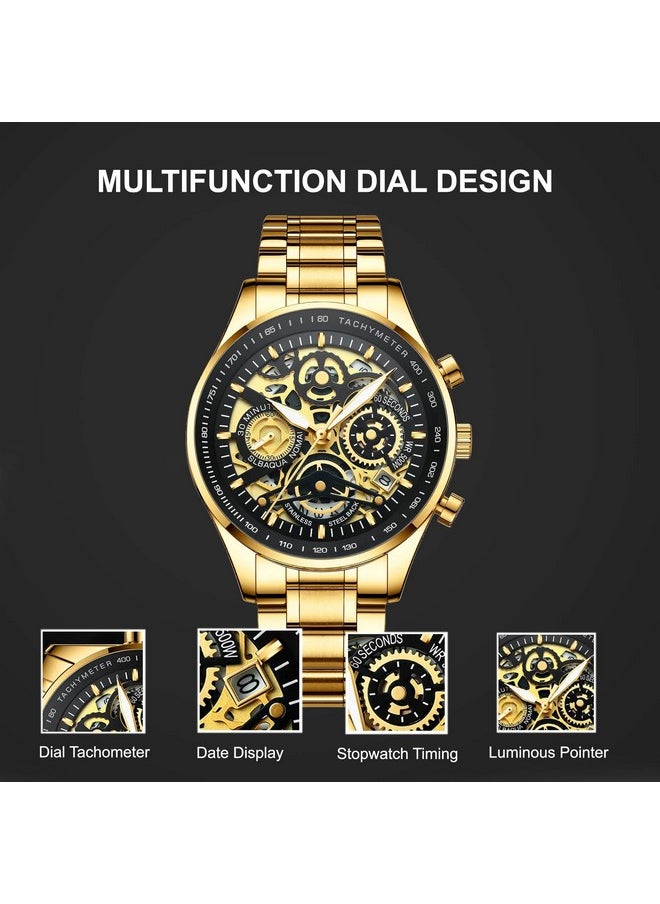 NIBOSI Casual Hollow-Out Mechanical Design Men's Stainless Steel Watch Multi Functional Chronograph Quartz Watch for Mens (Black/Gold) - pzsku/Z4D0BCB7B14ACDB018FCAZ/45/_/1737721206/4dbb2d51-badd-4095-861e-b073466e8485