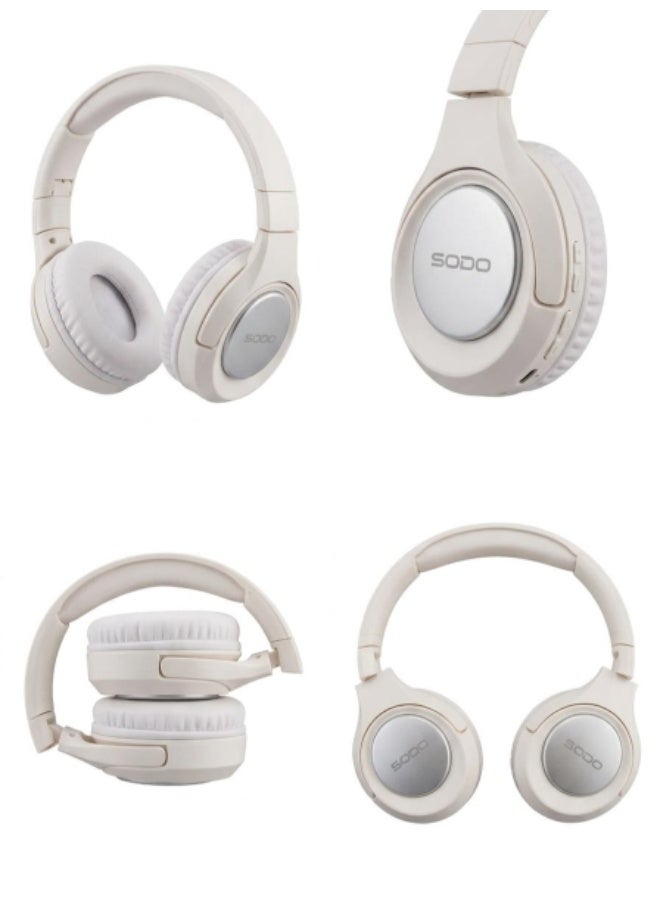 سودو سماعات رأس لاسلكية فوق الأذن SODO SD-1016 بصوت جهير عميق - بيج - Image 1