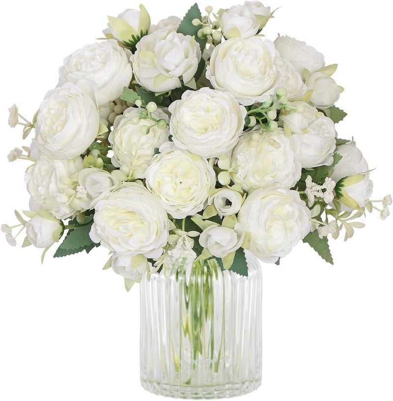 SOMYTING Peony Artificial Flowers, Faux Peony Bouquet 2 Bundles White Flowers Silk Peonies Bouquets Fake Peonies Artificial Flowers Peonies for Wedding Party Centerpiece Table Home Decor (White) - Image 1