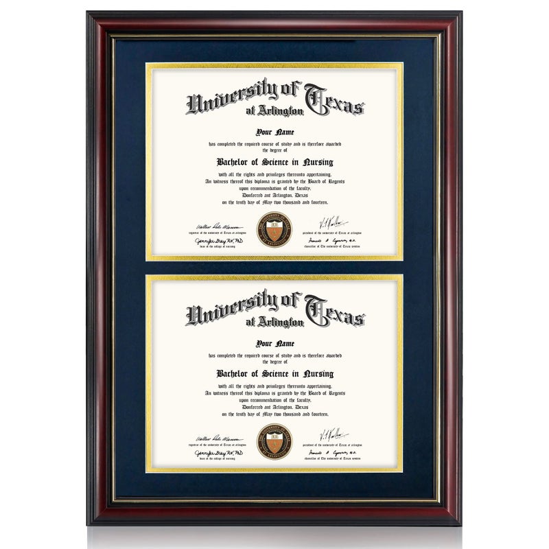 GraduationMall Double 85x11 Diploma FrameSolid Wood Tempered GlassCherry Finish with Gold TrimNavy Blue Gold Mat