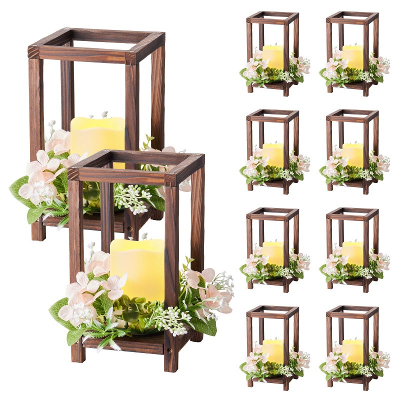VEVOR 10 Set30 Pcs Wooden Wedding Lantern Centerpiece Includes 10 Wooden Lantern Candle Holder 10 Flameless LED Candle 10 Champagne Flower Wreath for Wedding Table Party Farmhouse Decor Brown - Image 2