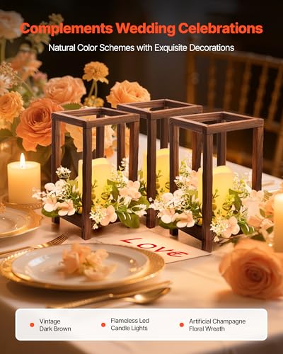 VEVOR 10 Set30 Pcs Wooden Wedding Lantern Centerpiece Includes 10 Wooden Lantern Candle Holder 10 Flameless LED Candle 10 Champagne Flower Wreath for Wedding Table Party Farmhouse Decor Brown - Image 3