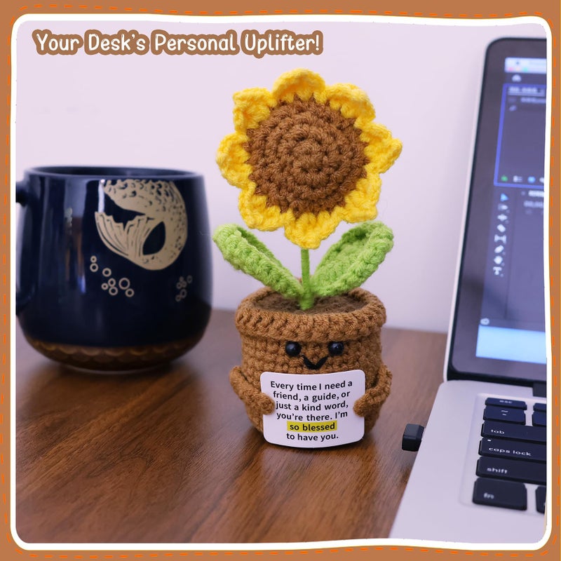 vhemo Handmade Crochet Sunflower Emotional Support Doll â€“ Gift for Friends, Family, Women, Teachers, Sons, Daughters, Coworkers â€“Ideal for Birthdays, Christmas, Potted Flower, Cute Desk Decor Positive Vibes - Image 2