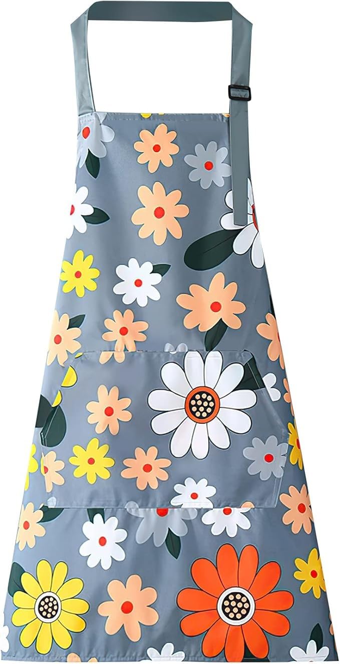 DARSHANAM WORLD Apron for Women with Pockets, Adjustable Waterproof Floral Chef Aprons for Kitchen, Gardening, Cooking, BBQ or Baking,Dusting, Home. (GREY) - Image 1