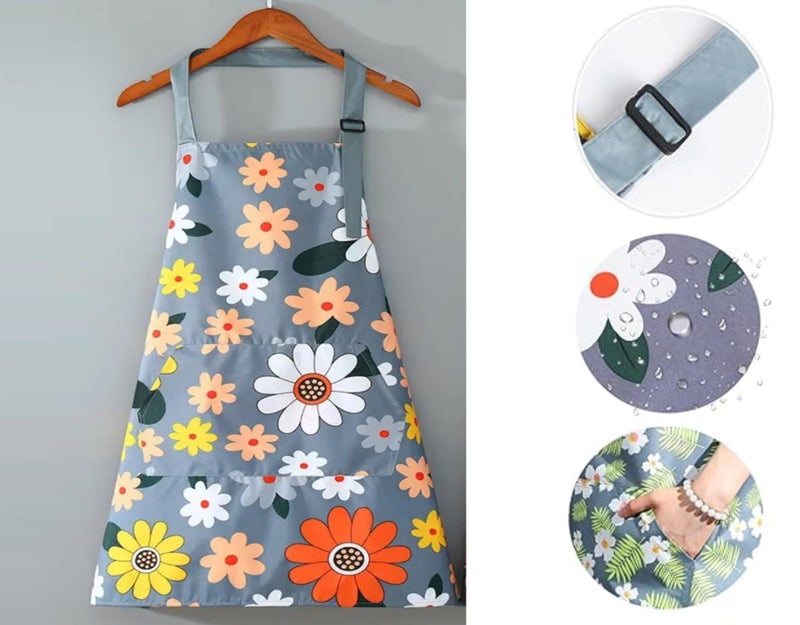 DARSHANAM WORLD Apron for Women with Pockets, Adjustable Waterproof Floral Chef Aprons for Kitchen, Gardening, Cooking, BBQ or Baking,Dusting, Home. (GREY) - Image 2