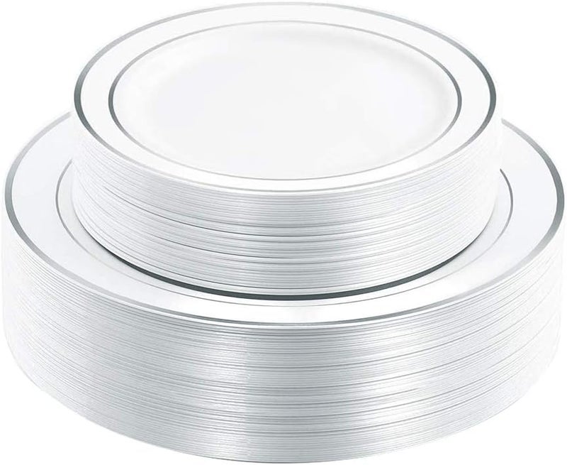 I00000 60pcs Silver Plastic Plates Disposable Plastic Party Plates with White Silver Rim Heavy Duty Fancy Wedding Party Plates Include 30 Dinner Plates 1025 and 30 Dessert Appetizer Plates 75