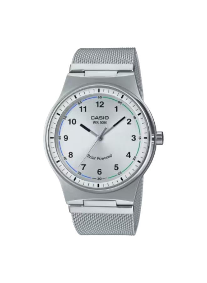 كاسيو ساعة رجالية بقرص أبيض وسوار فضي