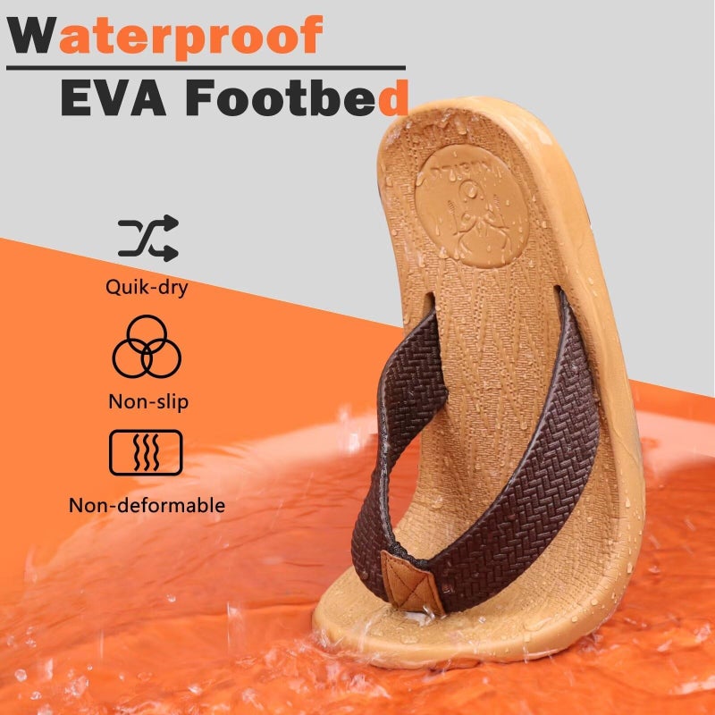 KuaiLu Mens Flip Flops Arch Support Comfortable Cushion Memory Foam Recovery Walking Waterproof Leather Thong Sandals Orthotic Plantar Fasciitis Summer Casual Beach Pool Slip on Slippers Khaki Size 10 - Image 2