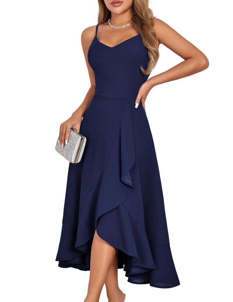 DRESSTELLS Cocktail Dress for Women, Summer Formal Wedding Guest Mother Bride Modest Prom Party Fit Flare Spaghetti Strap Dresses Navy XL - Image 1