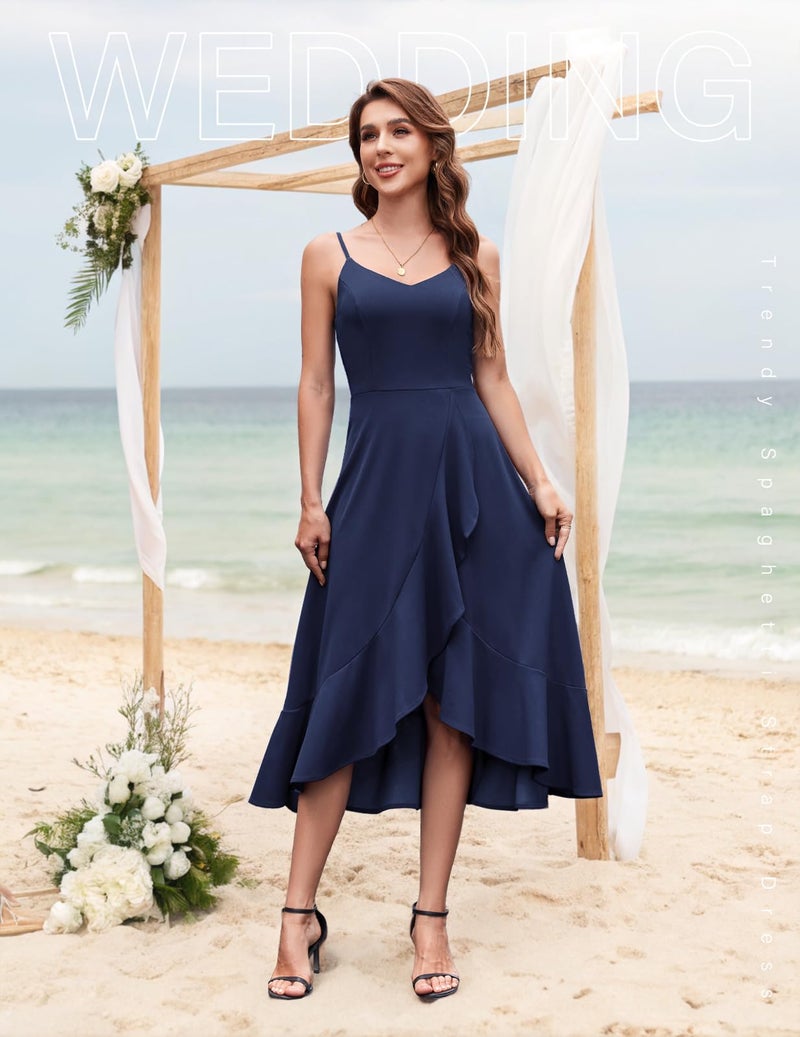 DRESSTELLS Cocktail Dress for Women, Summer Formal Wedding Guest Mother Bride Modest Prom Party Fit Flare Spaghetti Strap Dresses Navy XL - Image 2