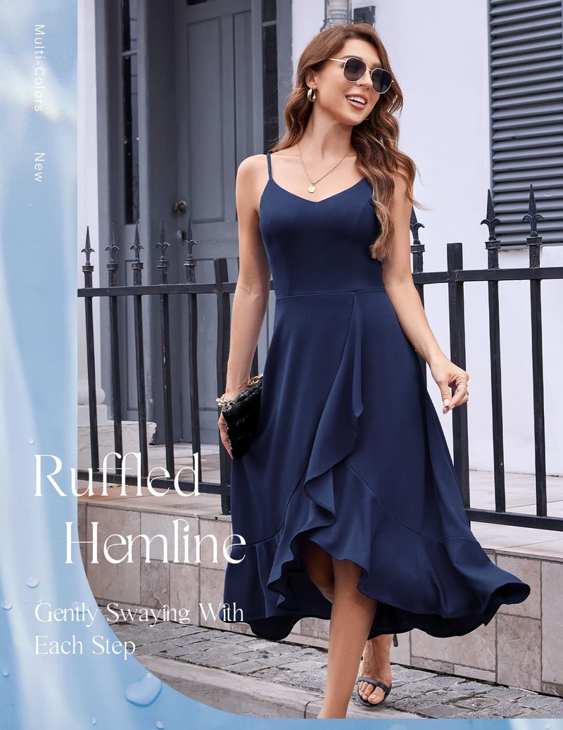 DRESSTELLS Cocktail Dress for Women, Summer Formal Wedding Guest Mother Bride Modest Prom Party Fit Flare Spaghetti Strap Dresses Navy XL - Image 3