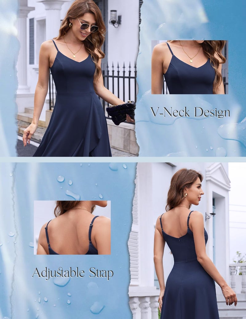 DRESSTELLS Cocktail Dress for Women, Summer Formal Wedding Guest Mother Bride Modest Prom Party Fit Flare Spaghetti Strap Dresses Navy XL - Image 5