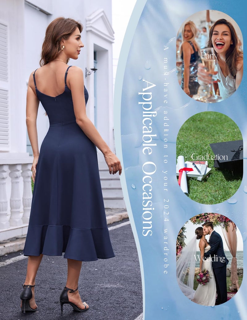 DRESSTELLS Cocktail Dress for Women, Summer Formal Wedding Guest Mother Bride Modest Prom Party Fit Flare Spaghetti Strap Dresses Navy XL - Image 4