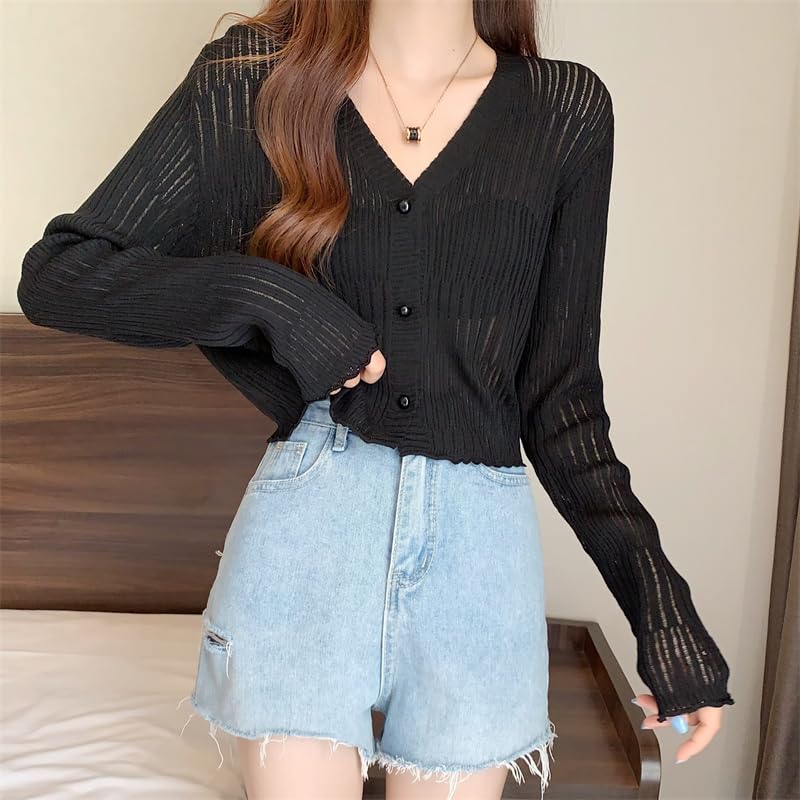 ICW Women's Knitted Ribbed Cardigan Long-Sleeve V-Neck Button-Up Shrug Jacket Top Dn85 (in, Alpha, XS, Regular, Black) - Image 2