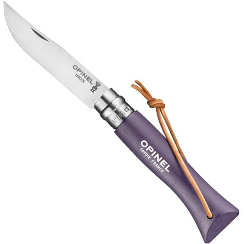 Opinel Colorama No.06 Folding Pocket Knife, Painted Wood Handles, Leather Lanyard (Purple Grey) - Image 1