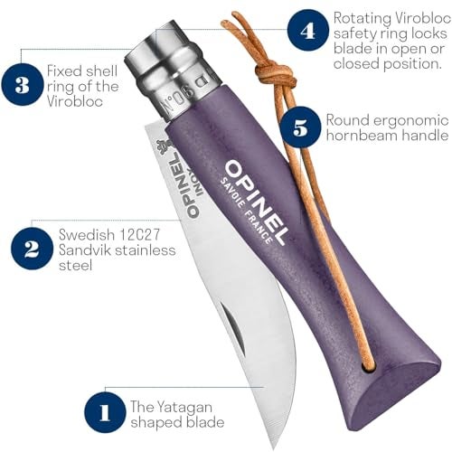 Opinel Colorama No.06 Folding Pocket Knife, Painted Wood Handles, Leather Lanyard (Purple Grey) - Image 3