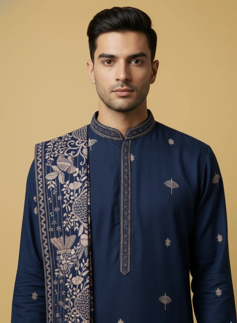Lehar Embroidered Green Kurta Set with Jacquard Shawl for Men