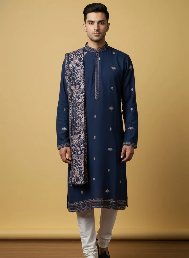 Lehar Embroidered Green Kurta Set with Jacquard Shawl for Men