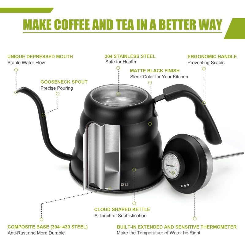 Apusu Tea Kettle with Thermometer Pot Black Stovetop Tea Kettle 40oz Gooseneck Kettle Teapot Pour Over Coffee Kettle with Thermometer,1200ml,5 Cup,Black,1Pack - Image 4