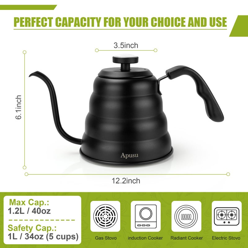 Apusu Tea Kettle with Thermometer Pot Black Stovetop Tea Kettle 40oz Gooseneck Kettle Teapot Pour Over Coffee Kettle with Thermometer,1200ml,5 Cup,Black,1Pack - Image 3