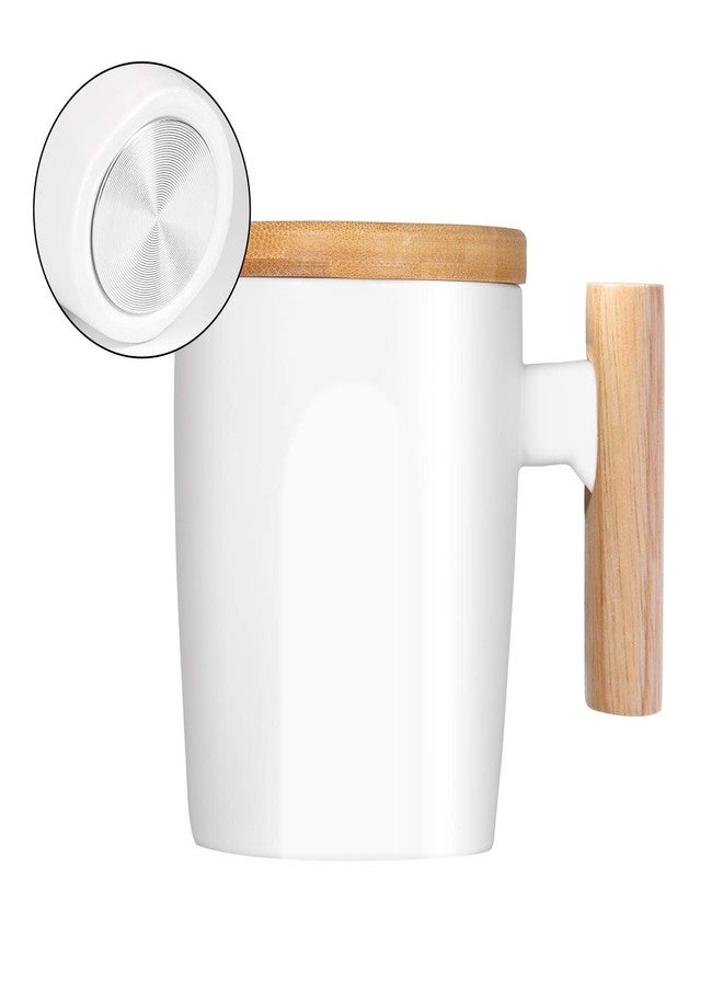 HOWAY Flat Bottom Mug with Wood Lid, Ceramic Tea Cup for Coffee Warmer, Universal, Flat Bottomed, Wooden Handle, 14oz - Image 1