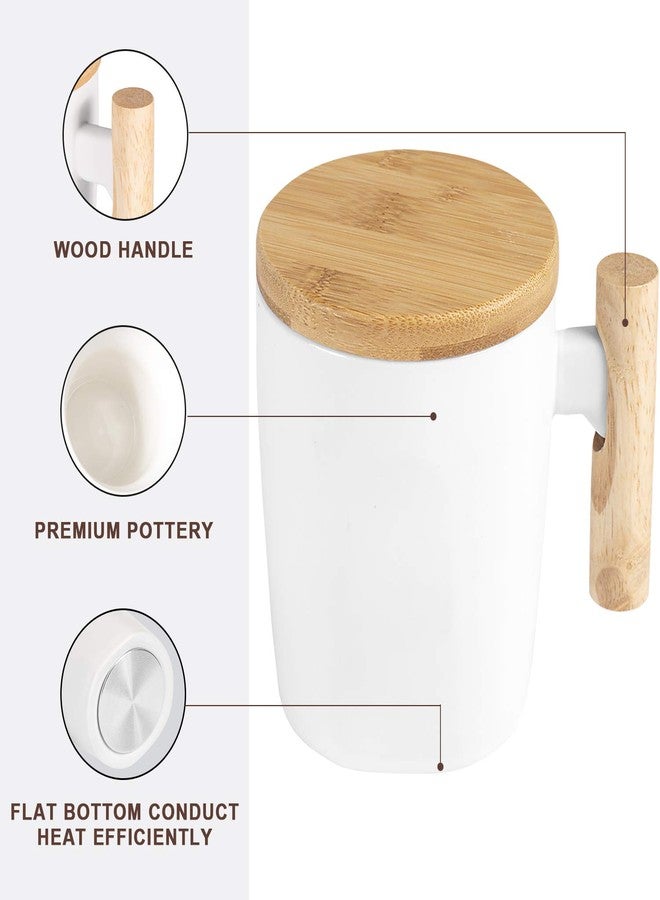HOWAY Flat Bottom Mug with Wood Lid, Ceramic Tea Cup for Coffee Warmer, Universal, Flat Bottomed, Wooden Handle, 14oz - Image 2