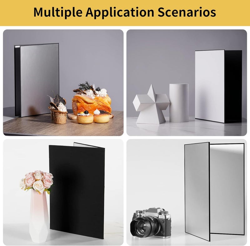 Meking 12" x 8" Light Reflector, 3 in 1 Photography Reflector Cardboard, Folding Light Diffuser Board for Food and Product Photography Lighting- Black, Silver and White - Image 3
