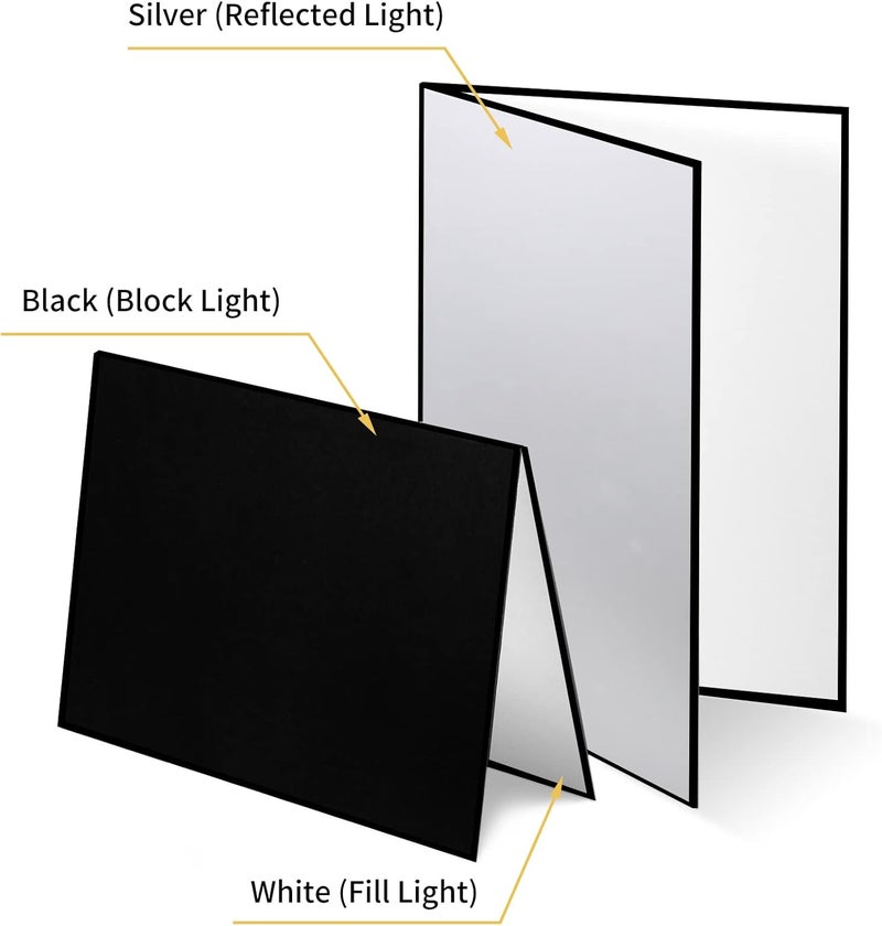 Meking 12" x 8" Light Reflector, 3 in 1 Photography Reflector Cardboard, Folding Light Diffuser Board for Food and Product Photography Lighting- Black, Silver and White - Image 2