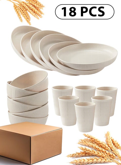 18-piece Dinner Set, Wheat Straw Bowls, Plates, Cups Dinnerware Set, Service for 6, Dinner Plates, Dessert Plate, Cereal Bowls, Cups, Unbreakable Colorful Plastic Outdoor Camping Dishes, Coastal Beige