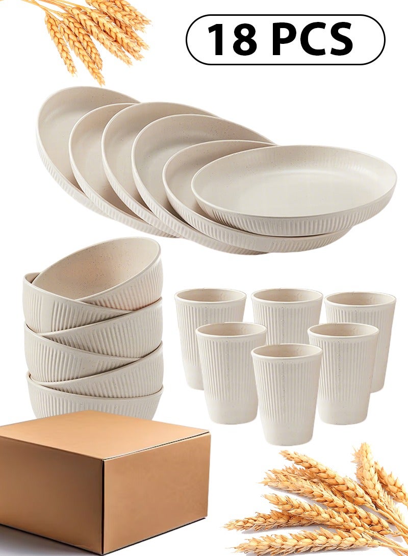 Gmisun 18-piece Dinner Set, Wheat Straw Bowls, Plates, Cups Dinnerware Set, Service for 6, Dinner Plates, Dessert Plate, Cereal Bowls, Cups, Unbreakable Colorful Plastic Outdoor Camping Dishes, Coastal Beige  - Image 1