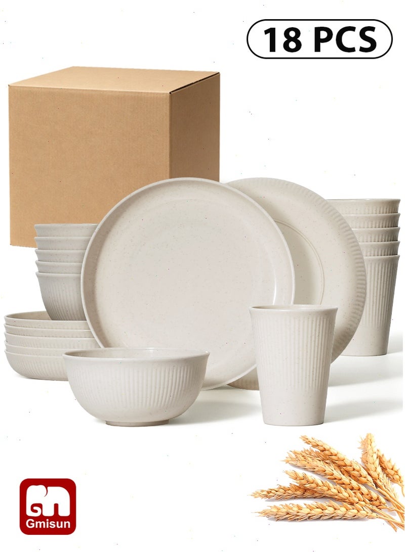 Gmisun 18 pcs Wheat Straw Dinnerware Set, Service for 6, Microwave & Dishwasher Safe,Unbreakable Colorful Plastic Outdoor Camping Dishes, Coastal Beige - Image 1