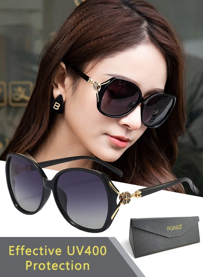 roaiss Women's Butterfly Sunglasses Polarized Anti-Glare UV400 Lens Rhinestone Arms with Case for Shopping Party Travel 53mm Glossy Black Gradient Gray  - Image 1
