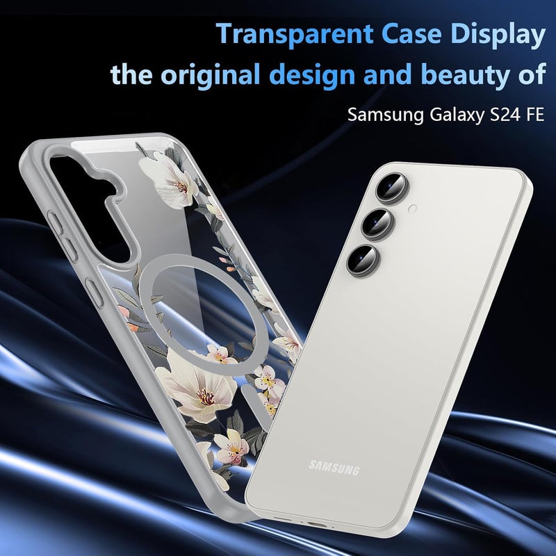 VONZEE Compatible with Samsung S24 FE 5G Case Luxury Retro Flowers Floral Clear for Magnetic Wireless Charging Case Shockproof Case PC+TPU Cute Glossy Shiny Cover for Girls Women|Grey - Image 5