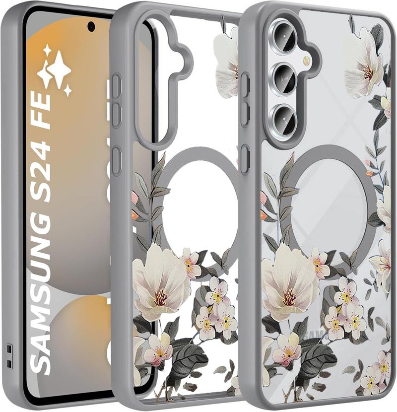 VONZEE Compatible with Samsung S24 FE 5G Case Luxury Retro Flowers Floral Clear for Magnetic Wireless Charging Case Shockproof Case PC+TPU Cute Glossy Shiny Cover for Girls Women|Grey - Image 1