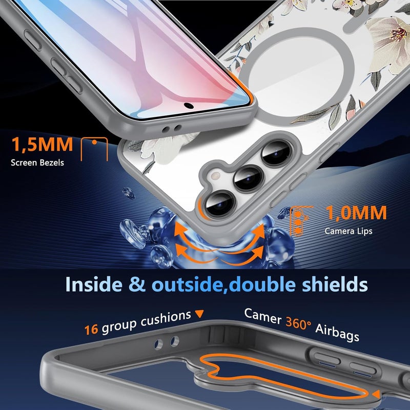 VONZEE Compatible with Samsung S24 FE 5G Case Luxury Retro Flowers Floral Clear for Magnetic Wireless Charging Case Shockproof Case PC+TPU Cute Glossy Shiny Cover for Girls Women|Grey - Image 2