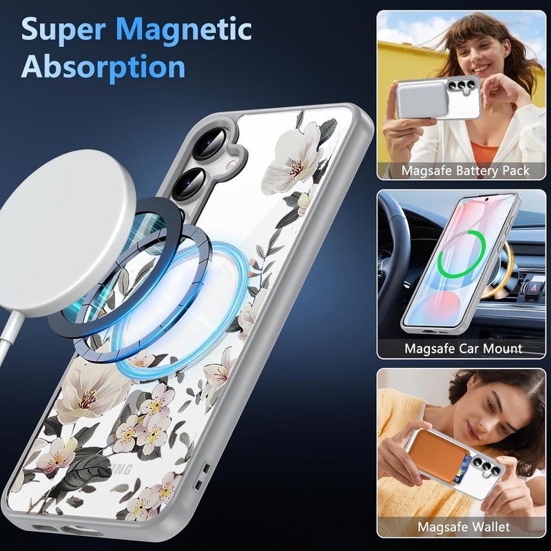 VONZEE Compatible with Samsung S24 FE 5G Case Luxury Retro Flowers Floral Clear for Magnetic Wireless Charging Case Shockproof Case PC+TPU Cute Glossy Shiny Cover for Girls Women|Grey - Image 4