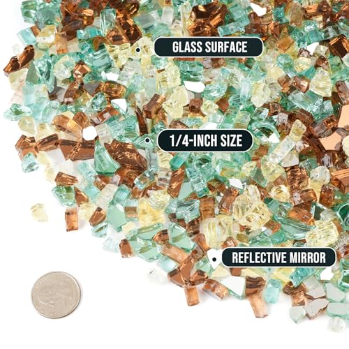 Skyflame 10-Pound Blended Fire Glass for Fire Pit Fireplace Landscaping - 1/4 Inch Reflective Tempered Fireglass Gold, Light Green, Copper - Image 2