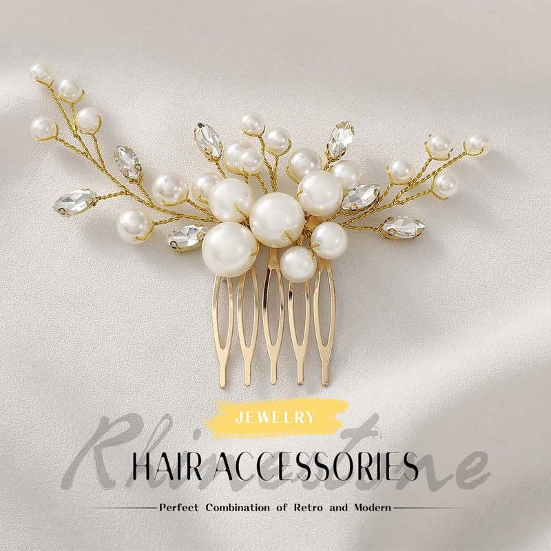 EVILD Pearl Bridal Hair Clip Wedding Hair Comb Gold Rhinestone Hair Accessories for Women(Gold) - Image 3