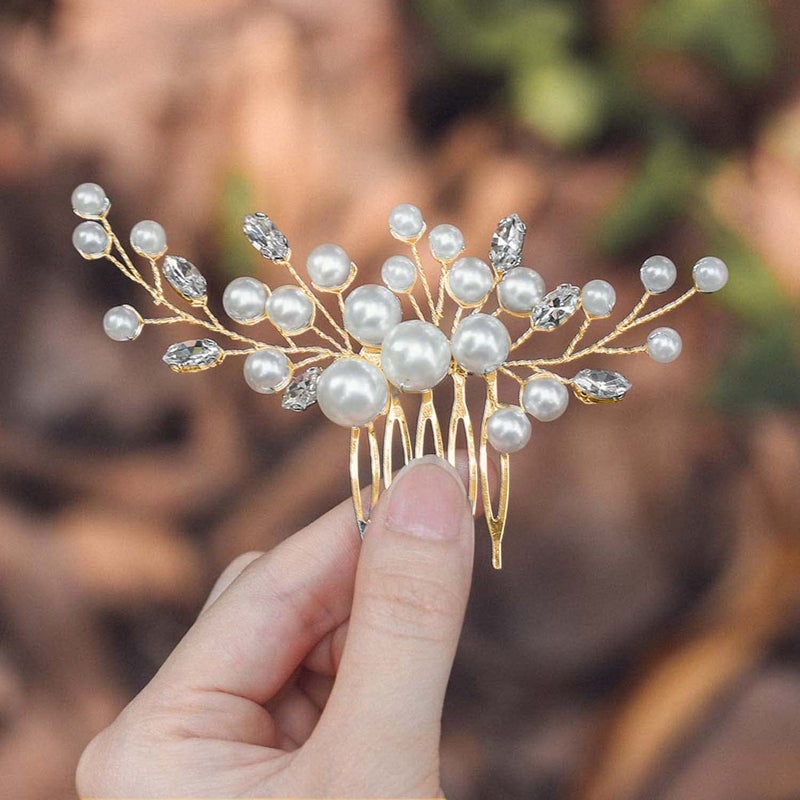EVILD Pearl Bridal Hair Clip Wedding Hair Comb Gold Rhinestone Hair Accessories for Women(Gold) - Image 1