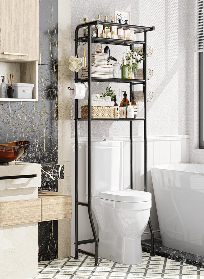 Simple Trending Over The Toilet Storage Cabinet, Metal Bathroom Shelf Organizer with Paper Holder and Hooks, 3 Tier, Black - Image 1