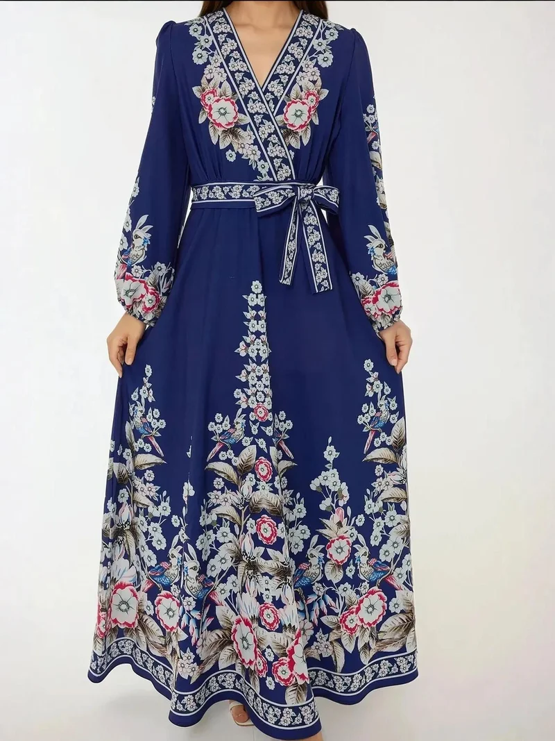 HICCUP Printed V- Neck Long Sleeve Maxi Dress with Belt