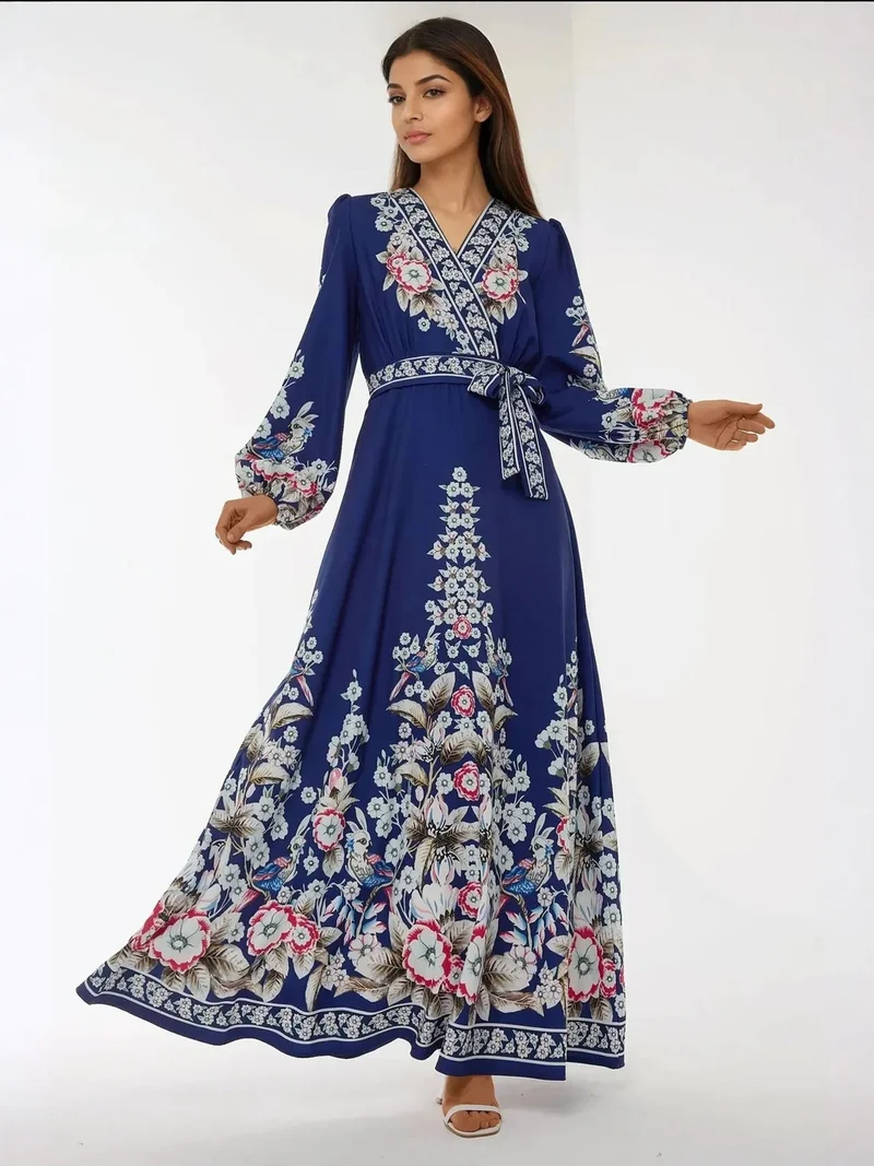 HICCUP Printed V- Neck Long Sleeve Maxi Dress with Belt