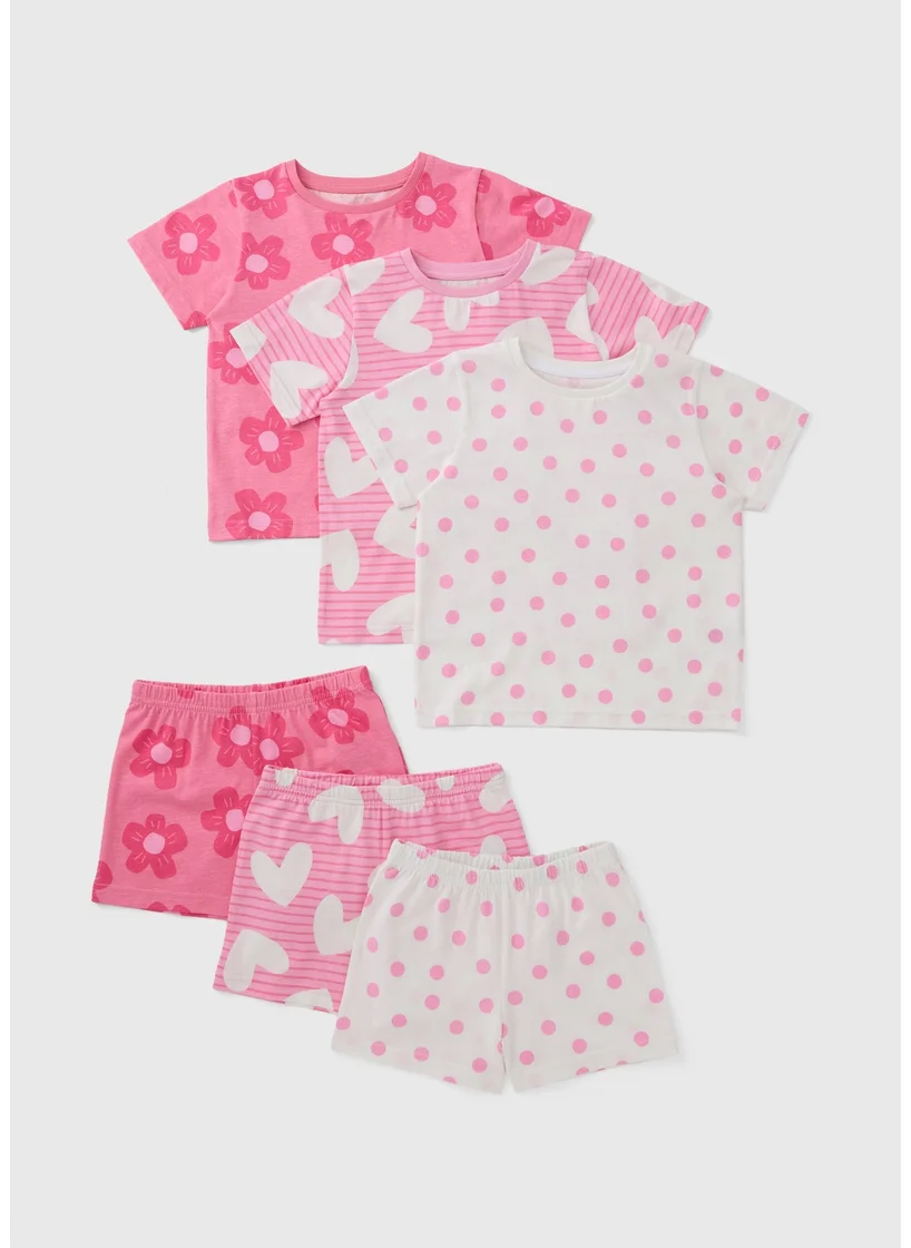 Matalan Girls 3 Pack Pink Heart T-Shirt & Shorts Set