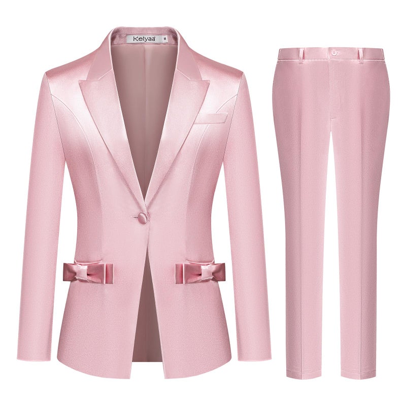 Kelyaa Women's 2 Piece Satin Suit Double Side Bows One Button Peaked Lapel Outfits Party Wedding Blazer Jackets and Pants Set Pink - Image 2