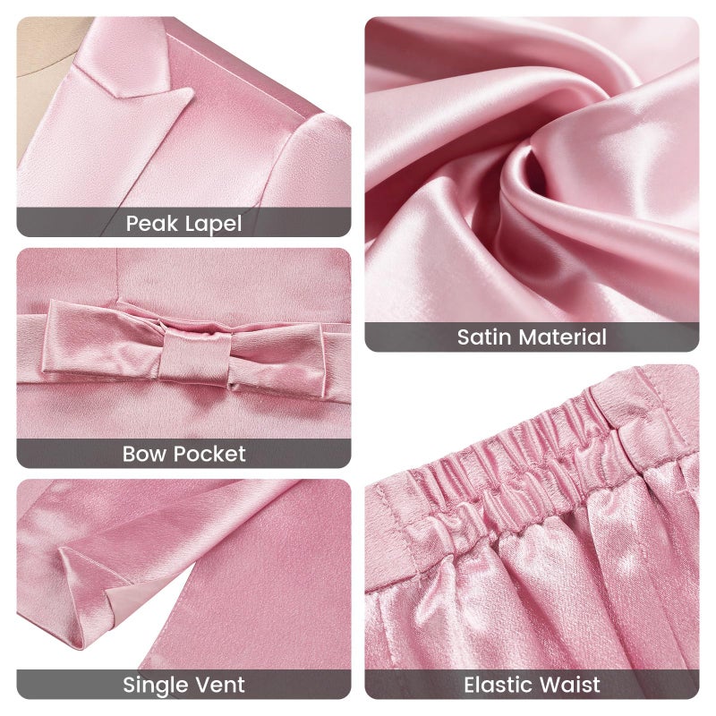 Kelyaa Women's 2 Piece Satin Suit Double Side Bows One Button Peaked Lapel Outfits Party Wedding Blazer Jackets and Pants Set Pink - Image 3