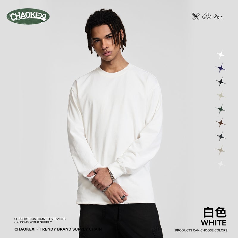 Autumn American high street solid color heavyweight 305g pure cotton short-sleeved loose long-sleeved basic men's and women's small neckline men's clothing - Image 3